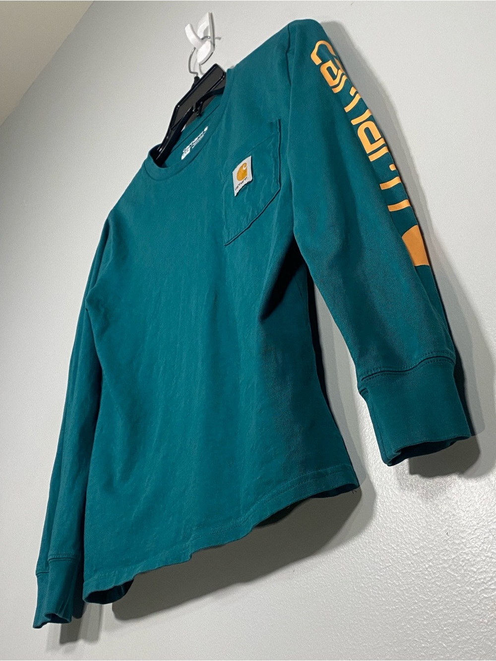 Carhartt Teal Long-Sleeve Pocket Tee with Yellow Sleeve Logo